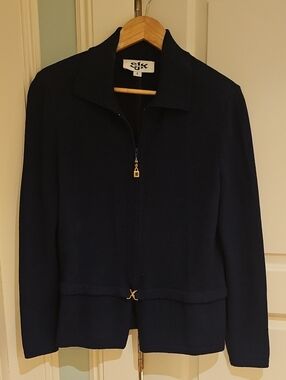St. John Navy Zip-Front Knit Blazer with Gold Hardware
